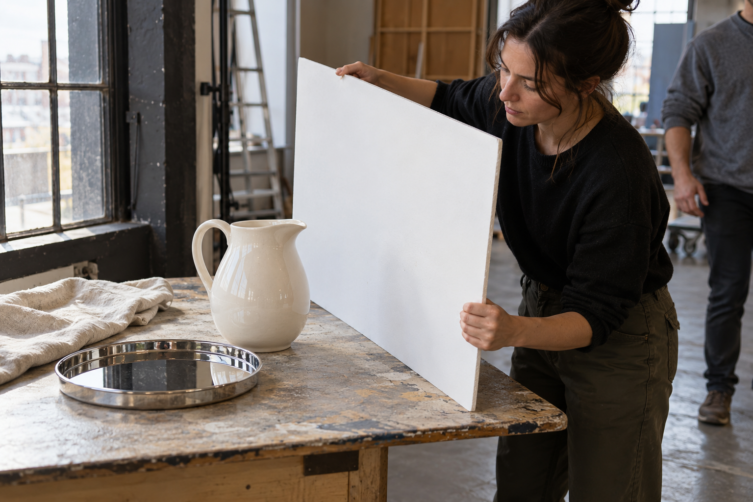 Crew adjusts a white card beside a ceramic pitcher during a tabletop lighting rehearsal.