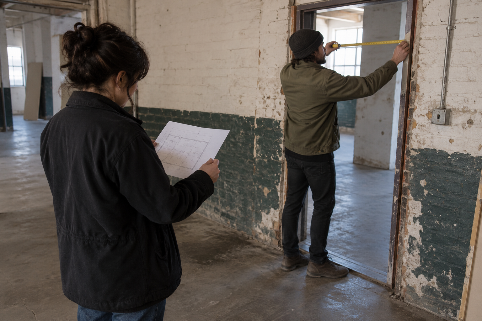 Producer and location manager assessing doorway access during a practical location recce.