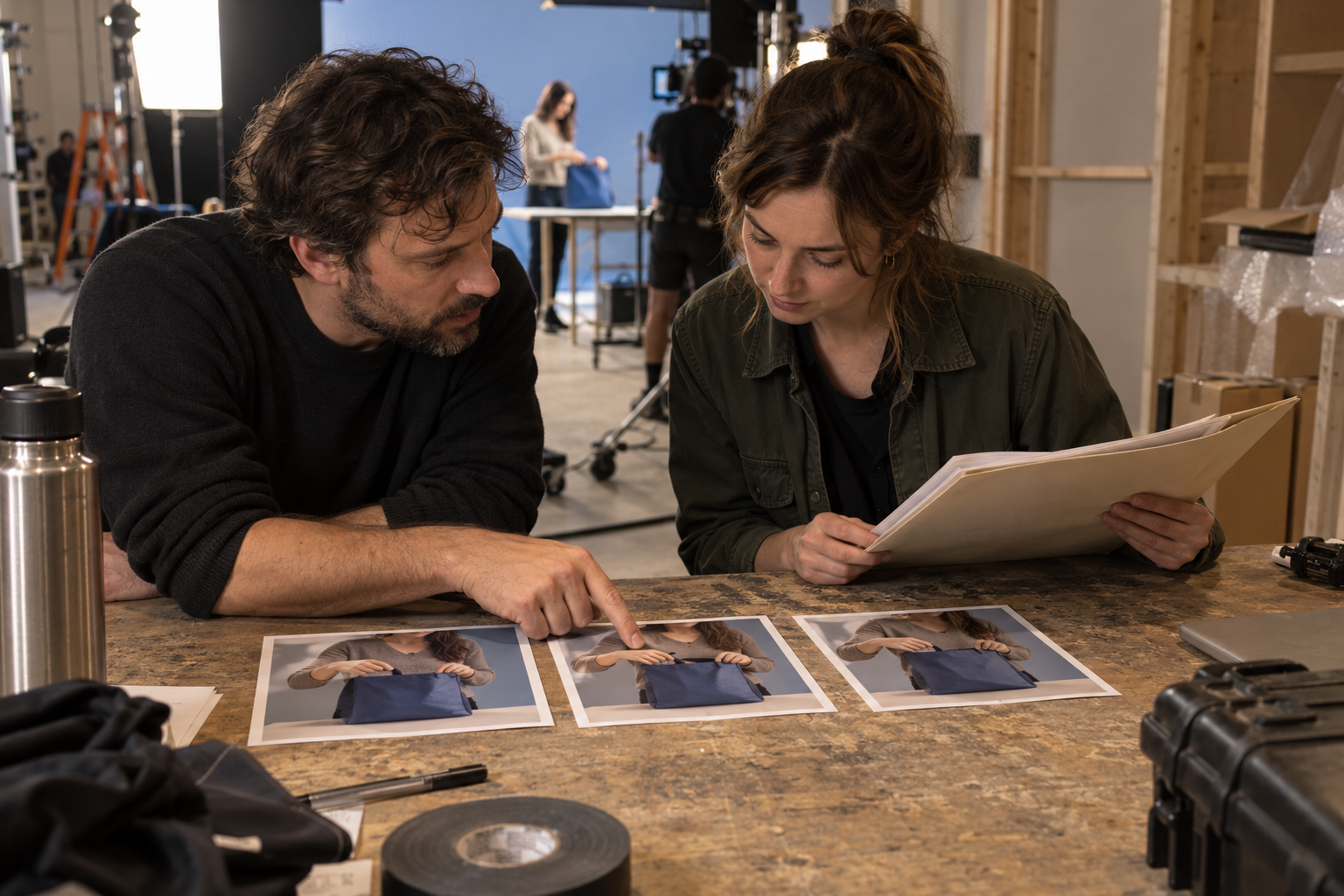 Crew members compare three printed takes from a fictional blue-bag commercial.