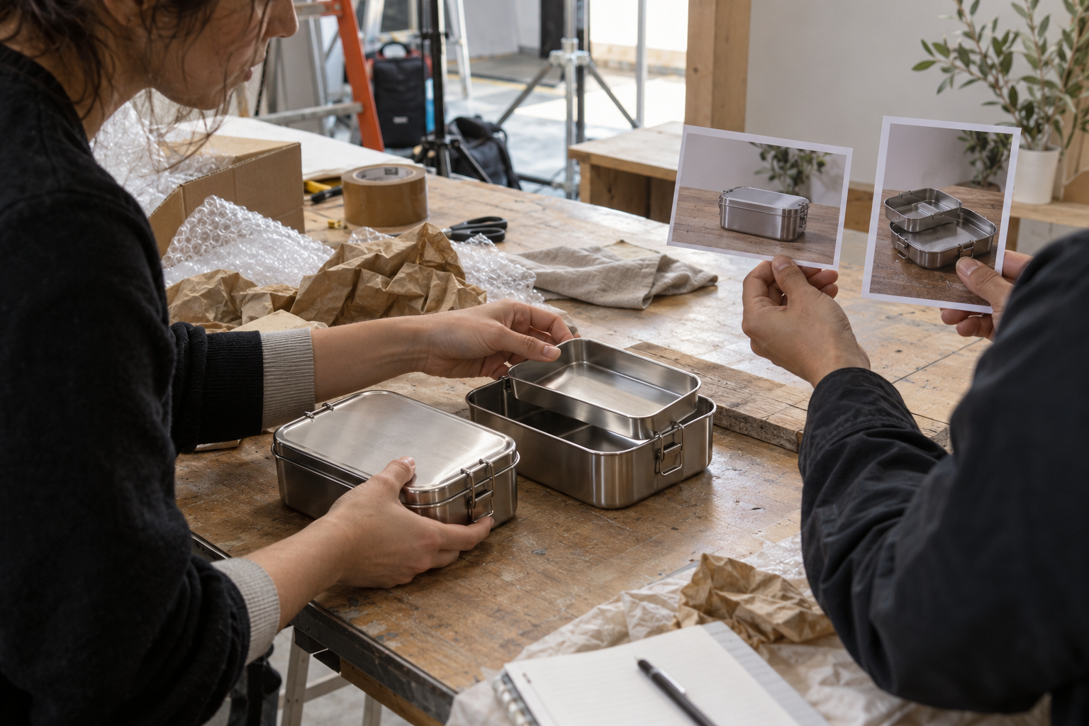 Crew comparing lunch-container variants and practical framing references during preparation.