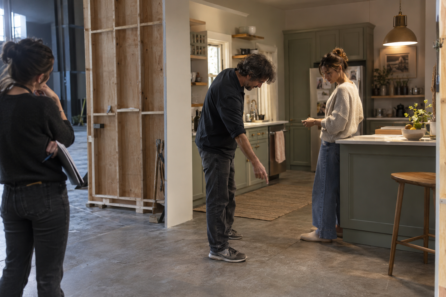 A director indicating a floor position during rehearsal on an open-sided kitchen set.