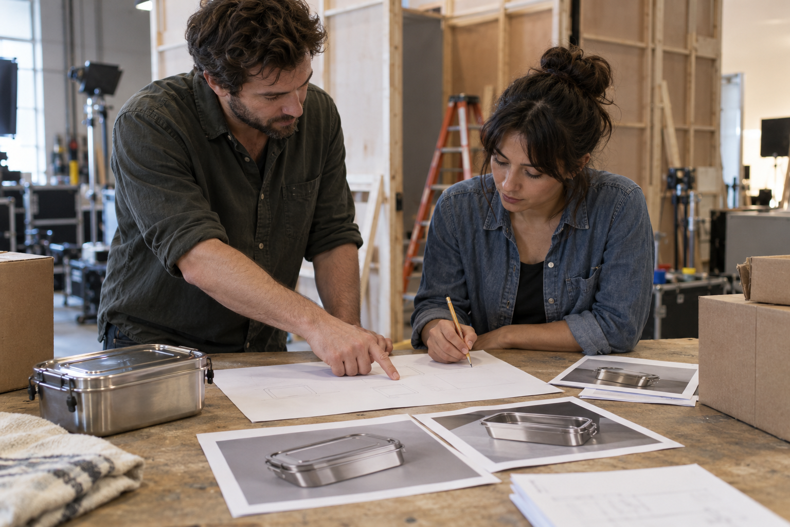 Production team reviewing paper notes and separate product reference prints before a handoff.