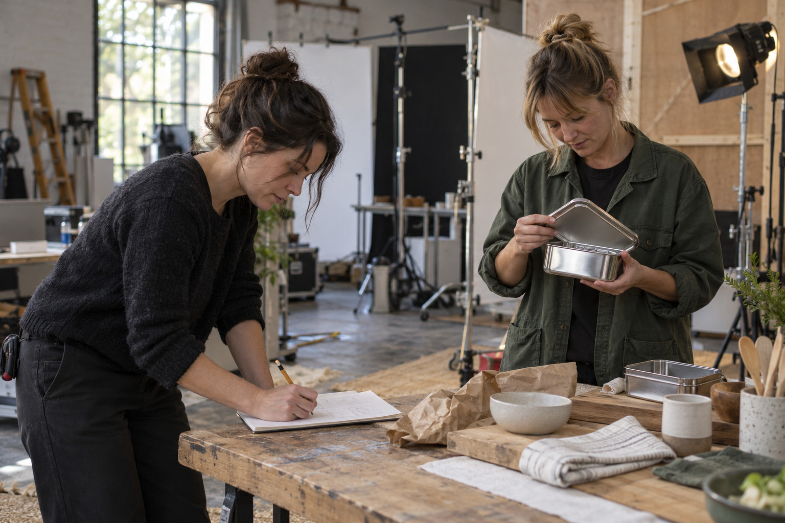 Production team checking a lunch-container prop beside working notes on a practical set.