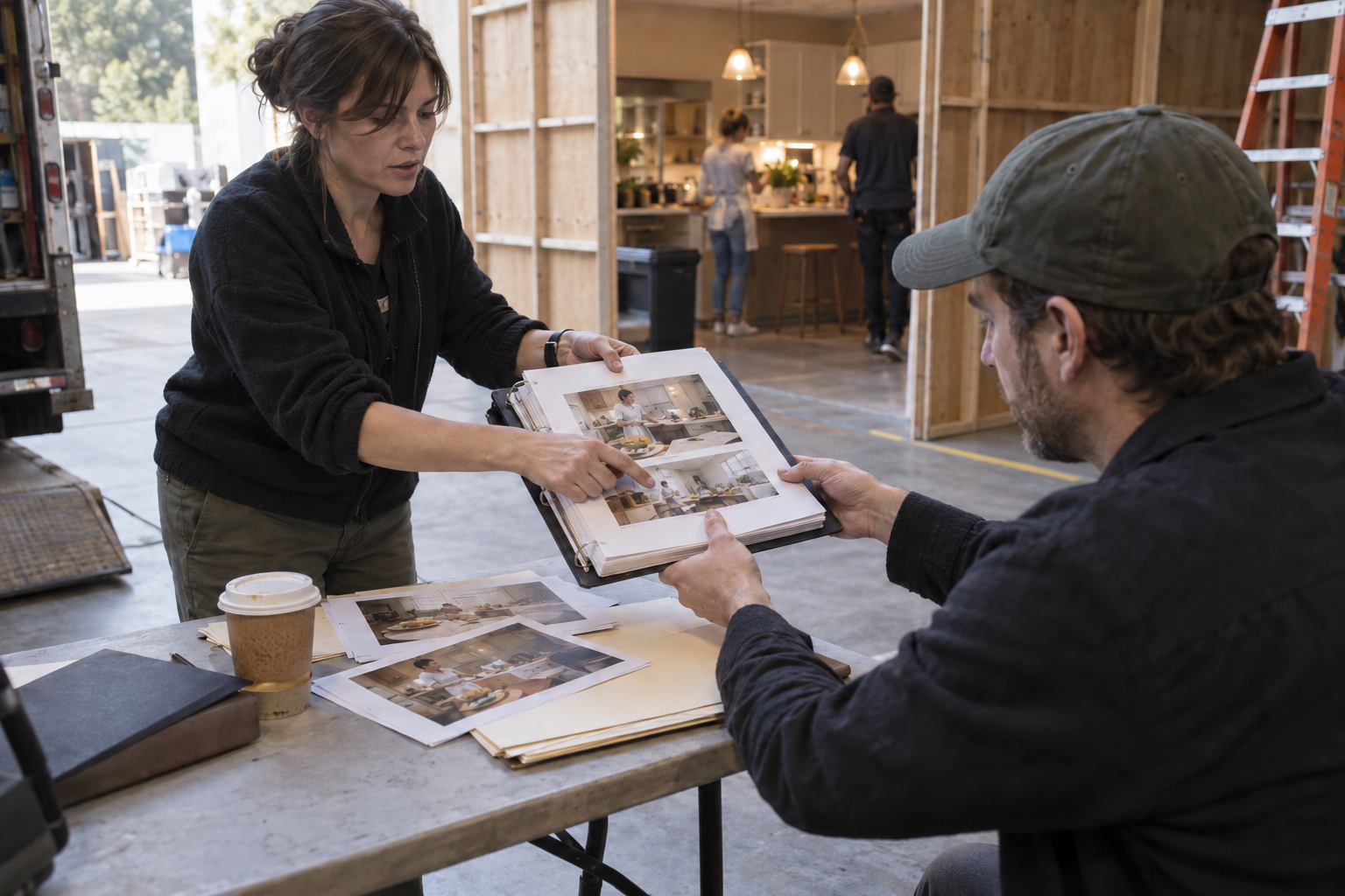 Two production collaborators reviewing continuity photographs at a folding table beside the rear of a set.