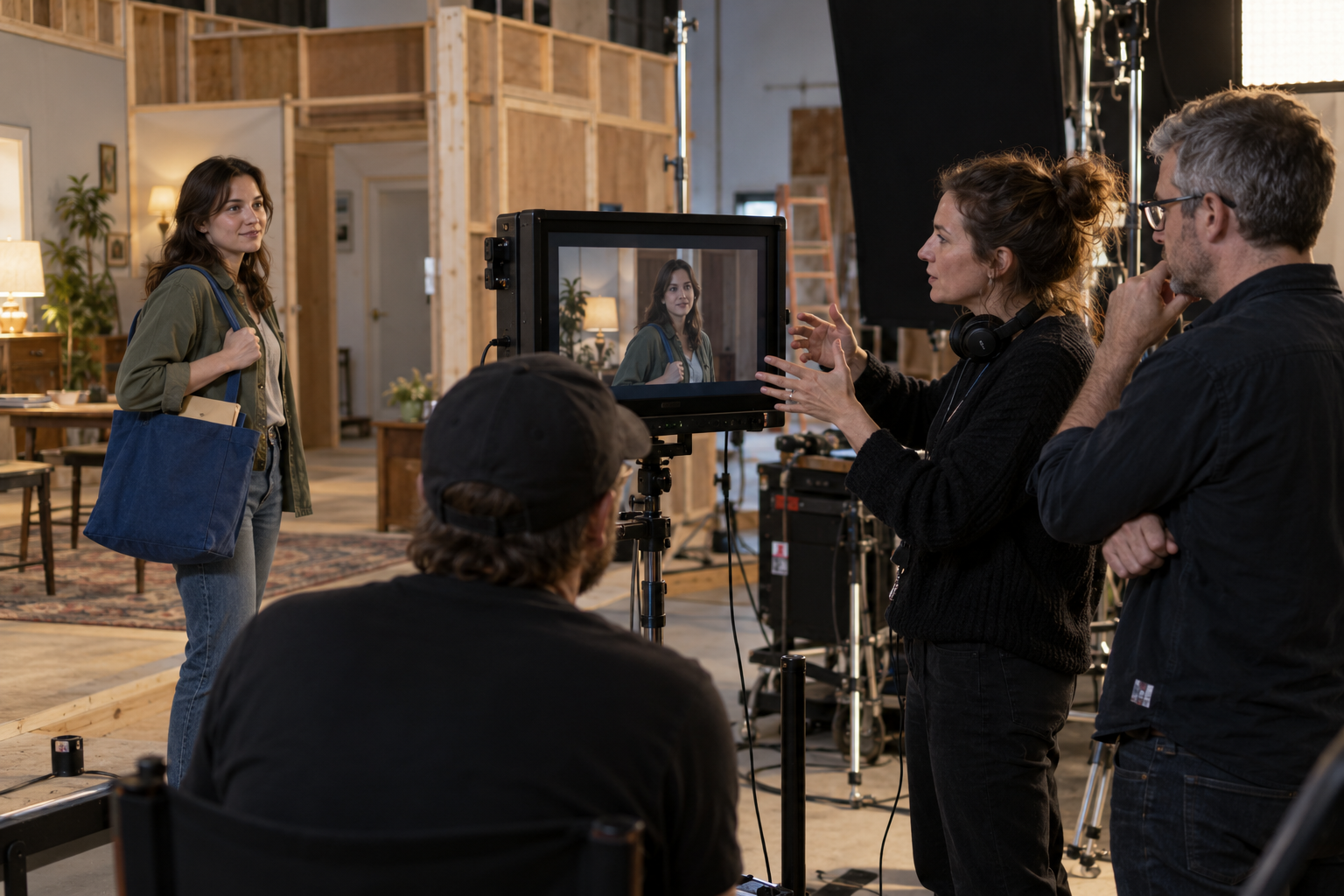 A director and crew review a fictional performer’s take on a practical studio set.