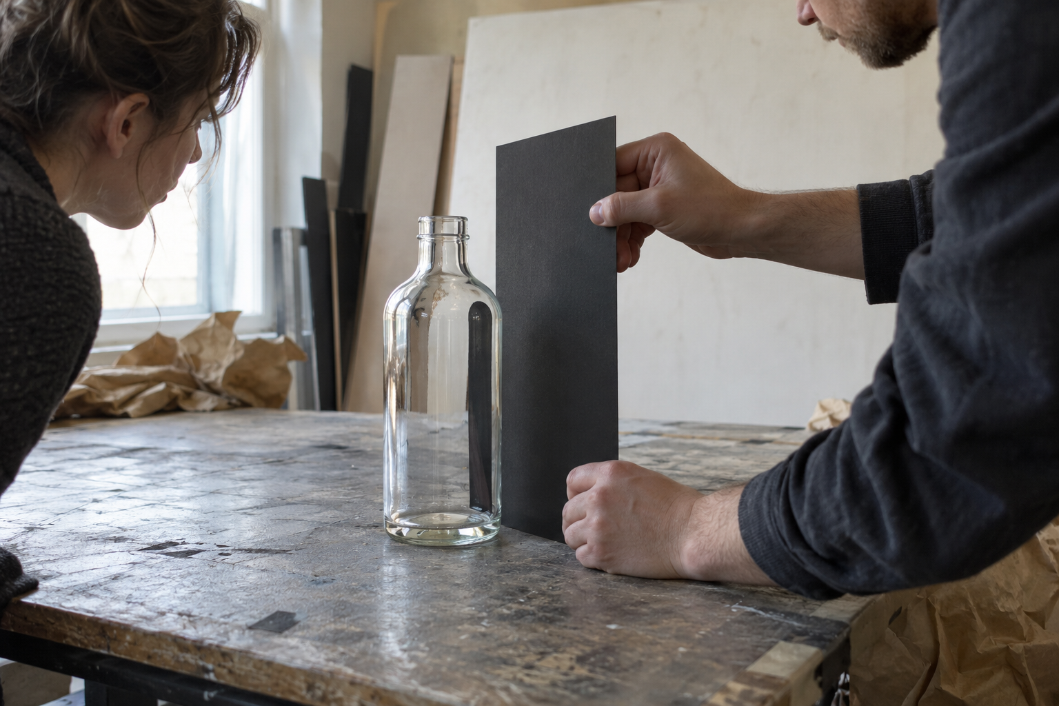 Crew positioning matte black card beside a clear glass bottle on a scratched production worktable.