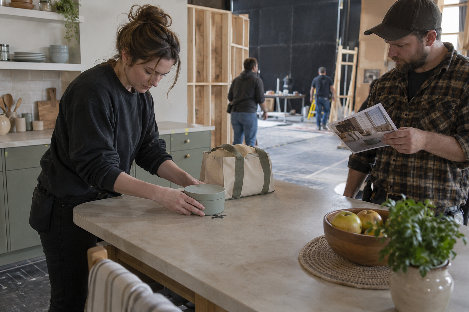 Crew resetting a lunch container and cloth bag to matching positions between takes on a partial kitchen set.