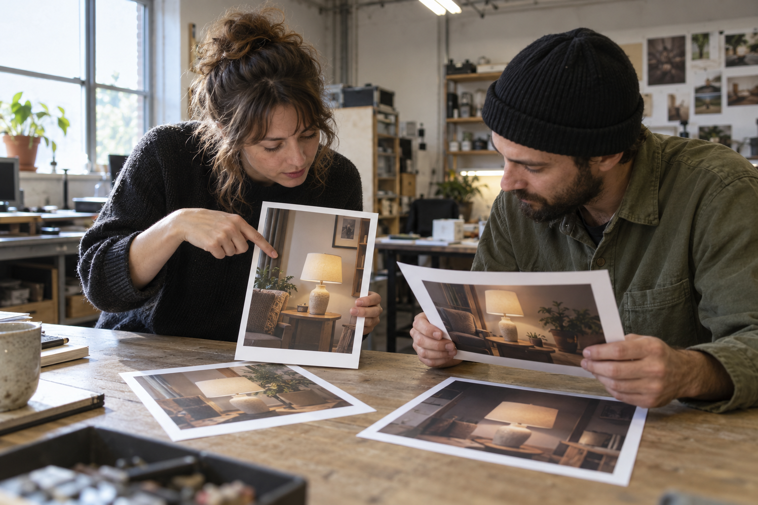 Two crew members reviewing printed commercial frames at a practical workbench.