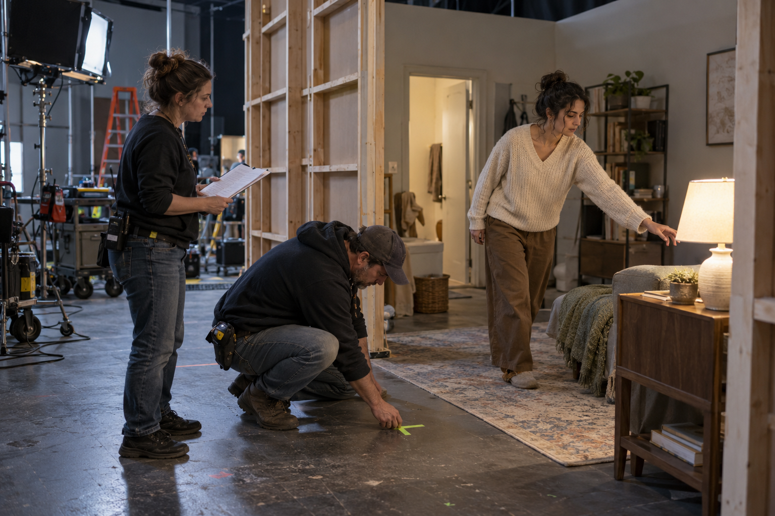 Crew checking a performer’s position beside a practical lamp on an unfinished set.