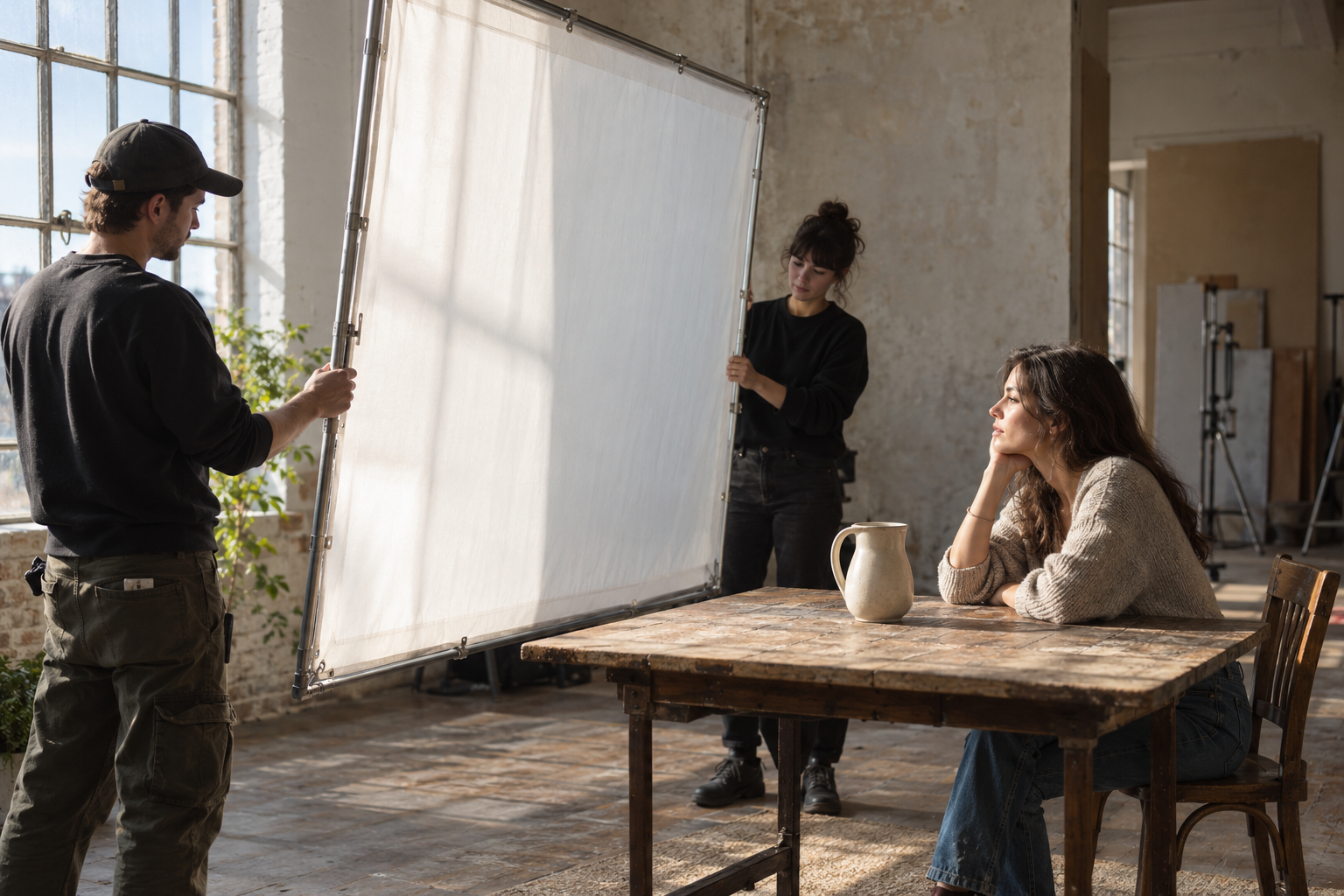 Crew shapes window light through a diffusion frame beside a performer and ceramic pitcher.