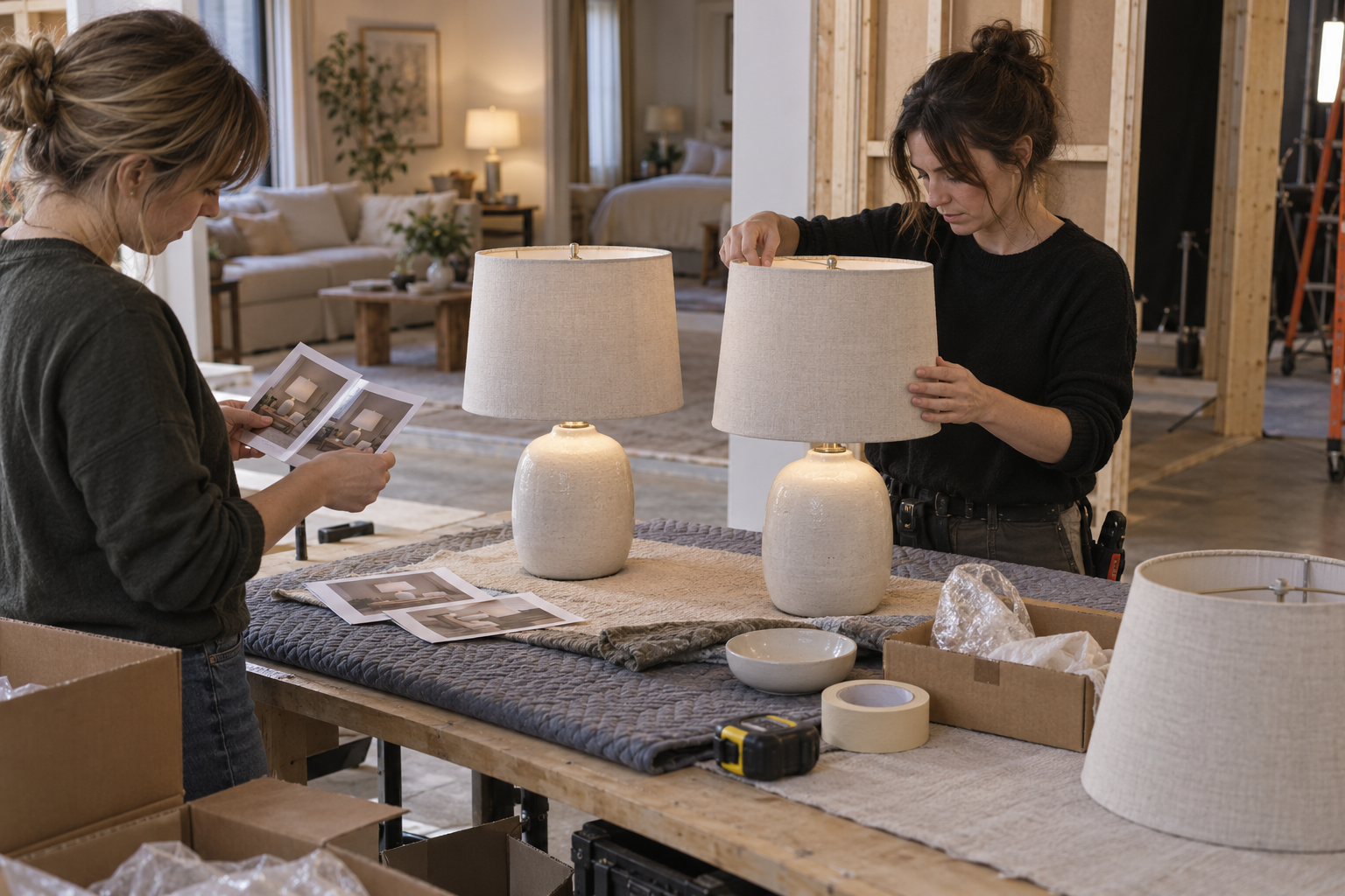 Prop crew comparing lamp components and reference photographs during a reset.