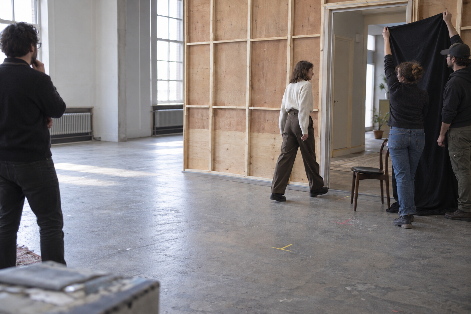 Crew resetting black fabric beside a performer rehearsing a move toward an unfinished set doorway.