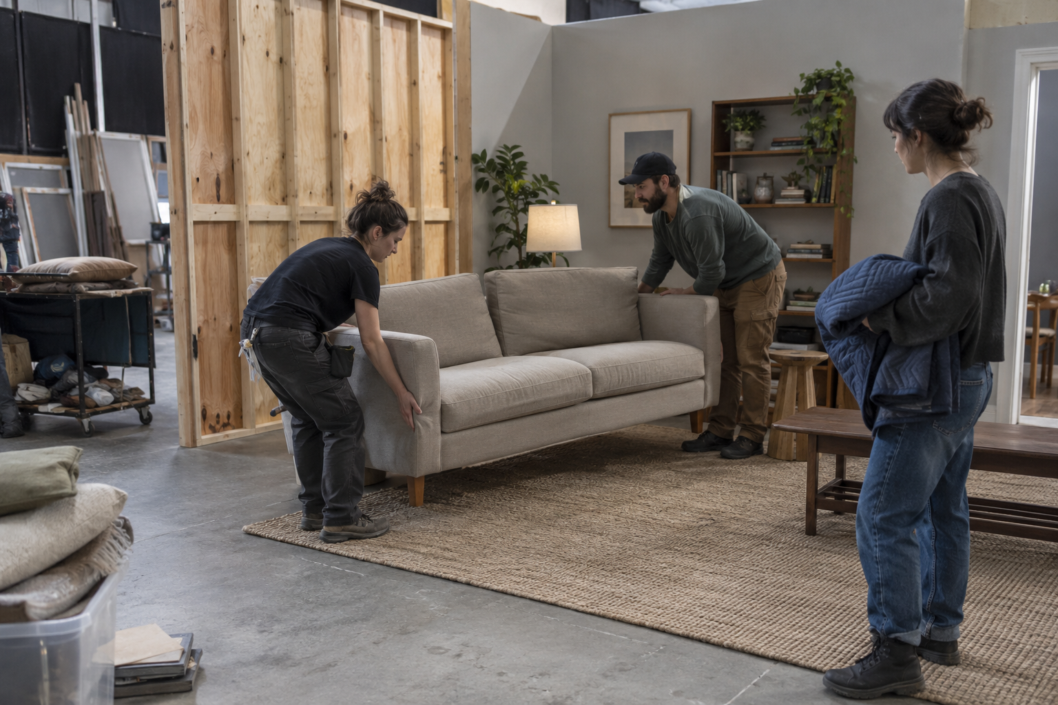 Two set dressers repositioning a sofa while a colleague holds a moving blanket beside an unfinished set wall.