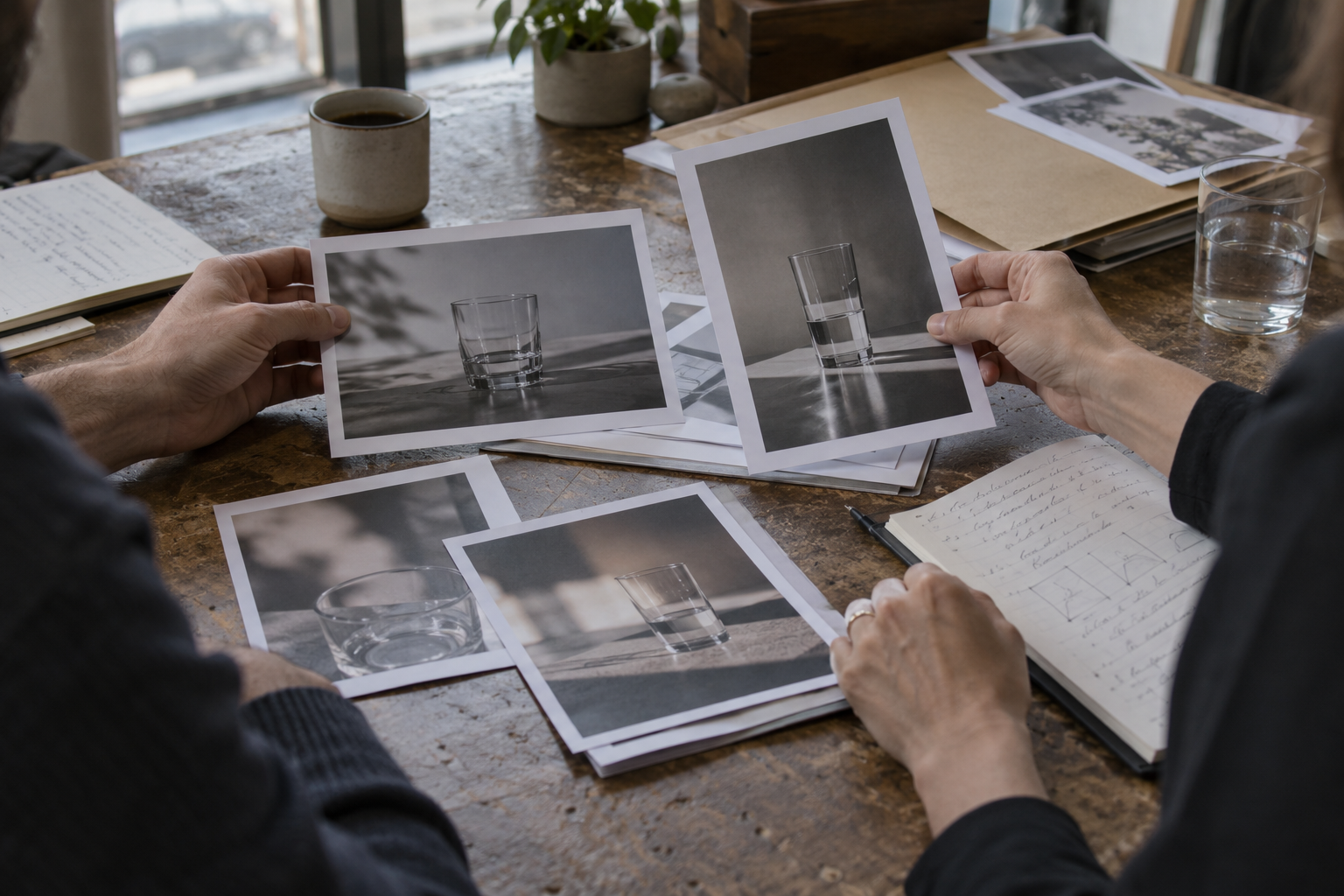 Production professionals comparing printed horizontal and vertical product frames with review notes.