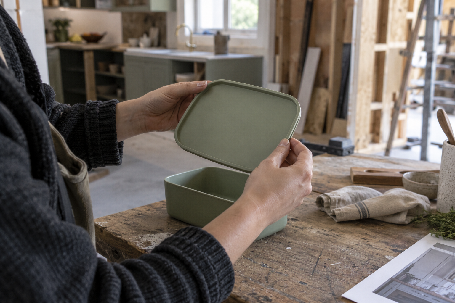 A stylist inspecting the rim and removable lid of a plain lunch container on a production worktable.