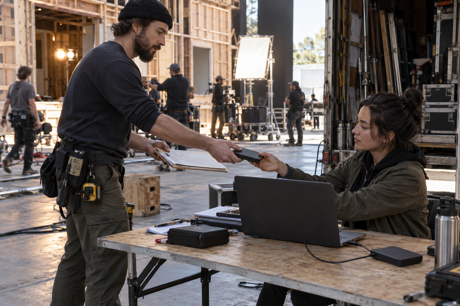 A crew member hands recorded media and notes to an editor at a studio workbench.