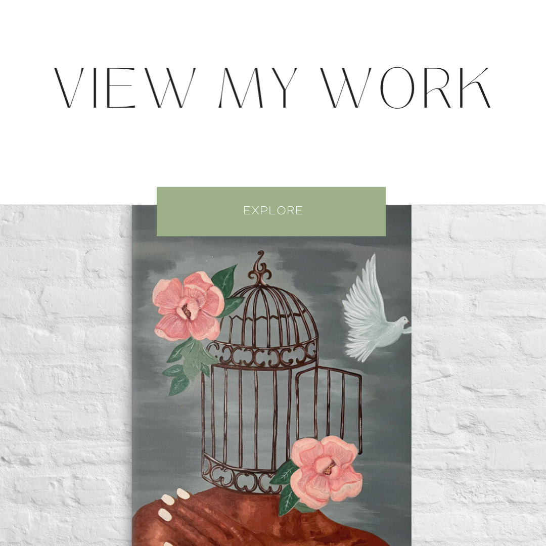 Decorative text 'VIEW MY WORK' above artwork featuring an open birdcage with flowers and a flying dove, set against a gray background.