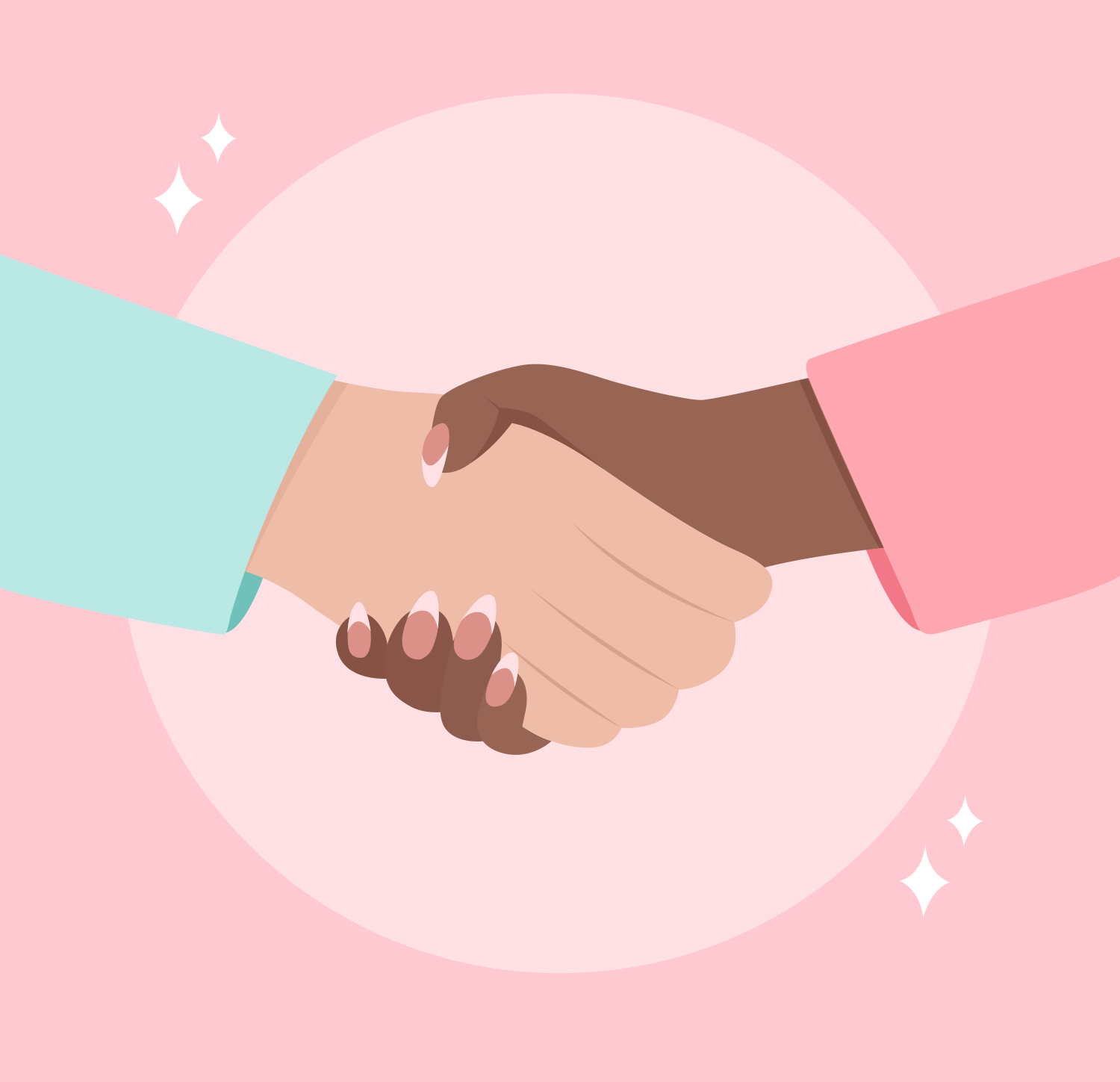 Business Etiquette: Two cartoon hands shake against a pink background.