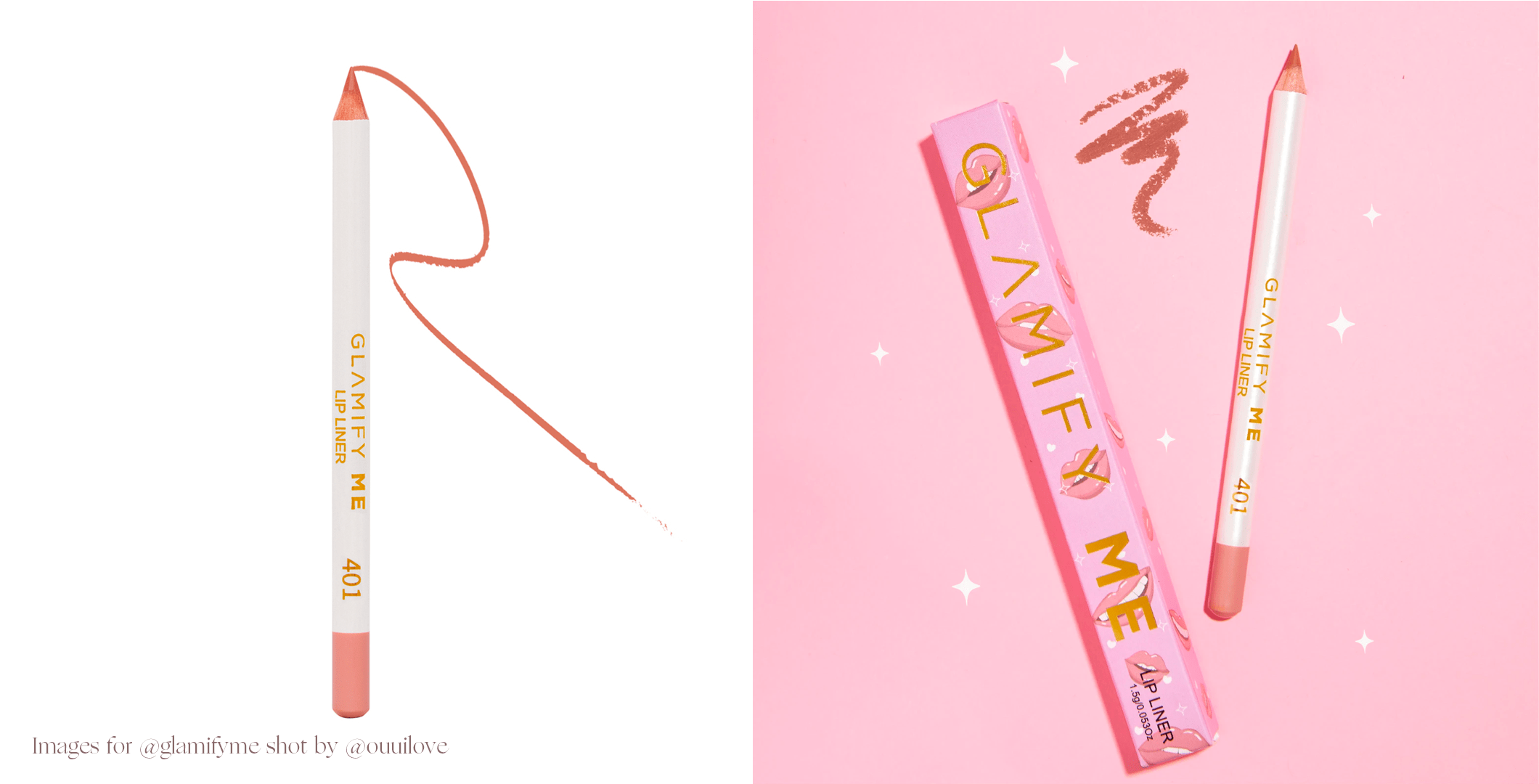 Want to Open an Online Store? Here’s 5 Things to Consider: A product image for  Glamify Me lip liner with a blank background next to another product image for Glamify Me lip liner with a pink background.