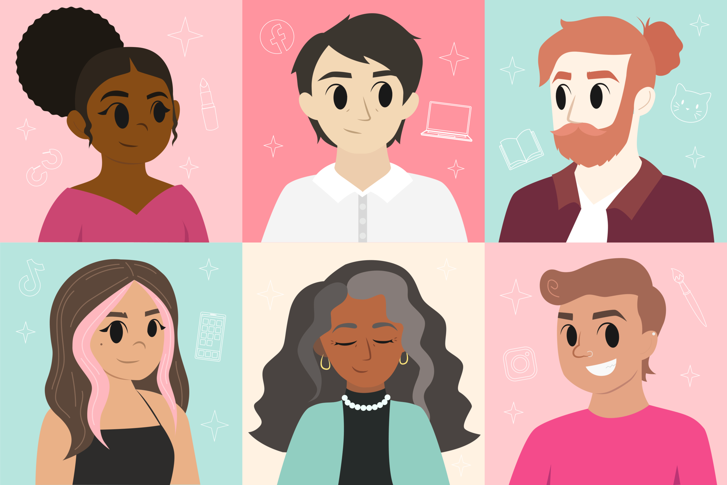 How to Define Your Target Audience: Six cartoon characters of different ages, genders, and races smile out at each other.