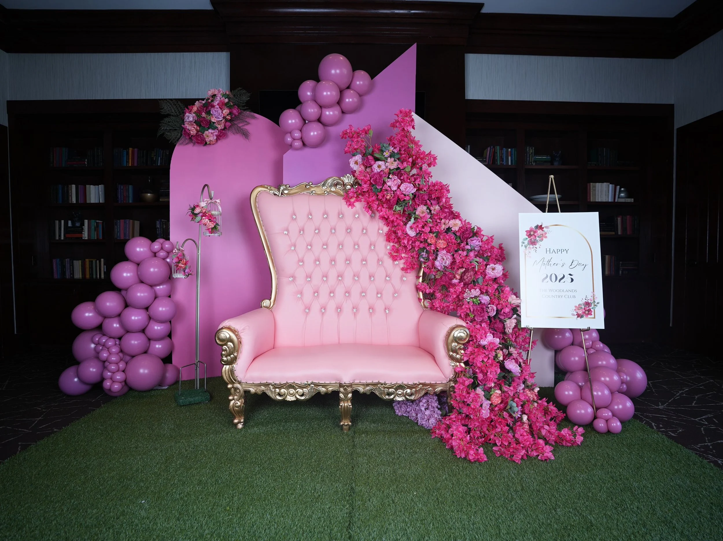 Elegant Mother's Day balloon backdrops & photo setups for The Woodlands country clubs. Pink floral balloon arrangements, luxury chair rentals & custom displays.