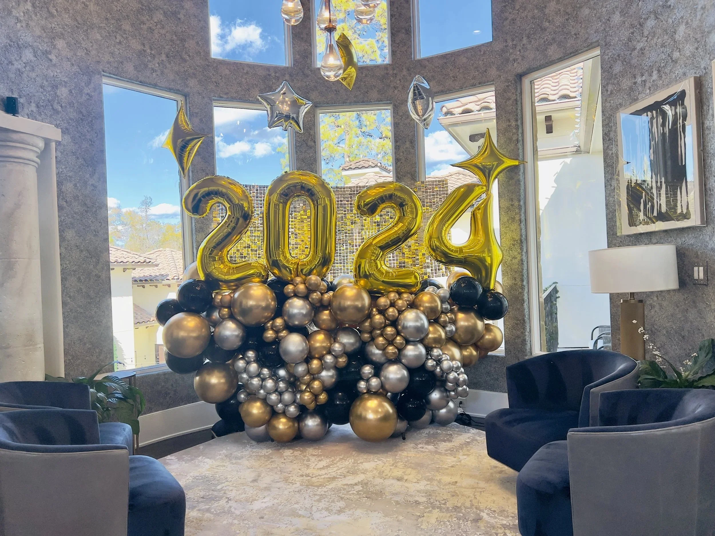 New Year's Eve gold and silver balloon garland with gold 2024 numbers, The Woodlands