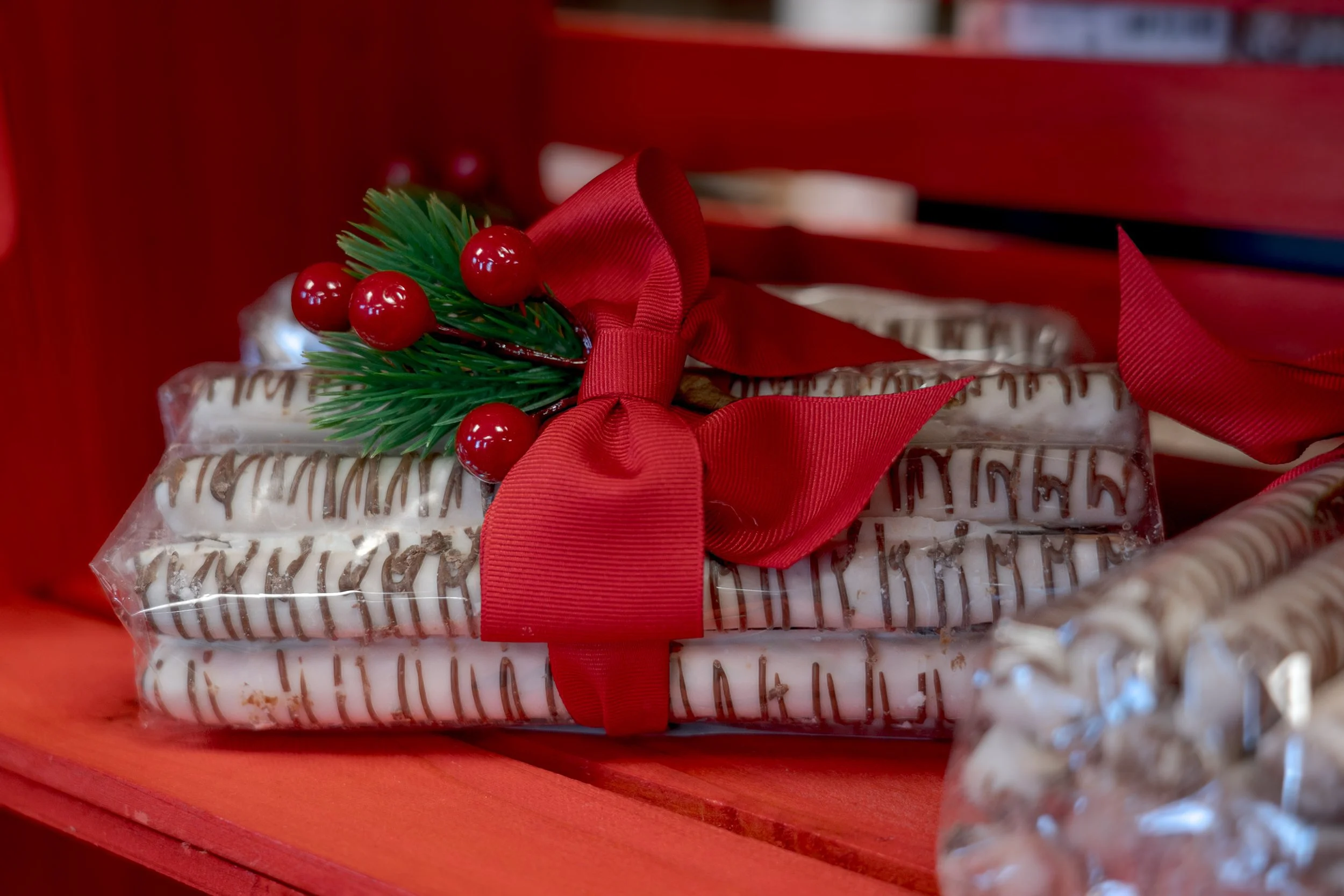 Gift idea white chocolate covered pretzel logs at Trophy Nut Store in Tipp City Ohio by Andrea Molina