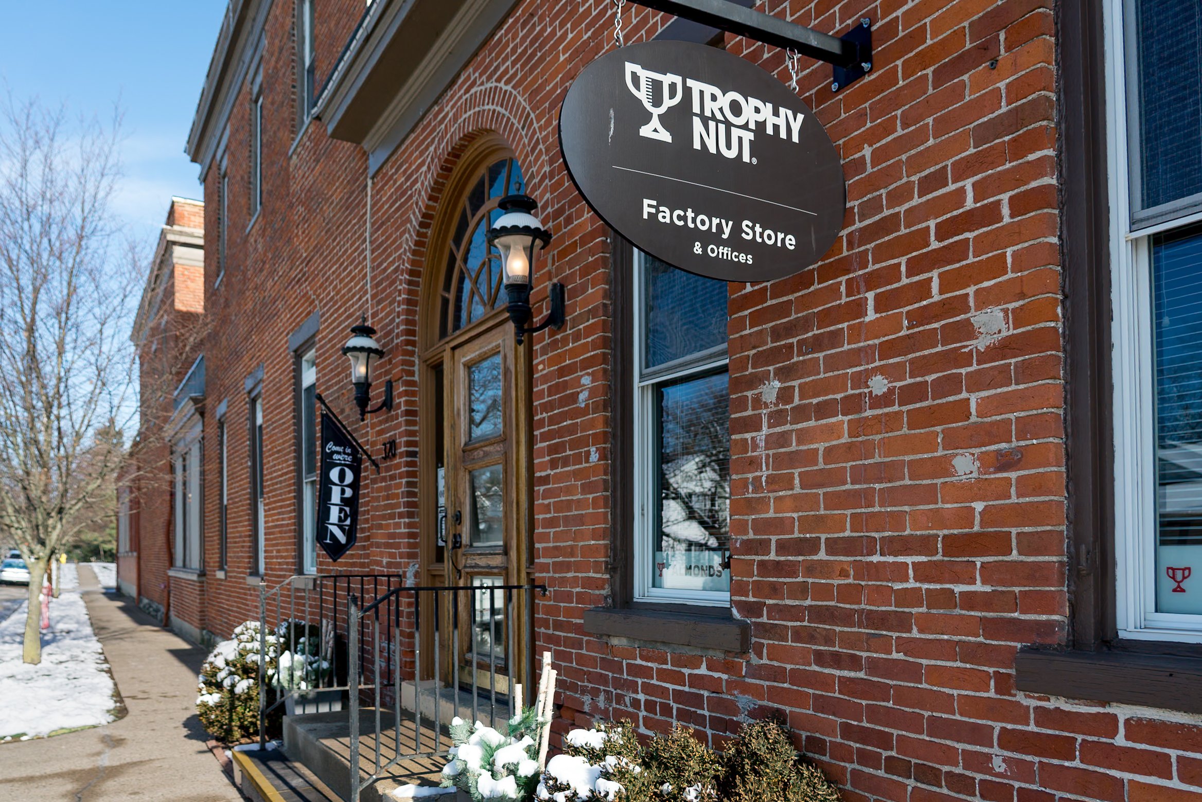 Outdoor exterior of Trophy Nut Co Factory Store in Tipp City