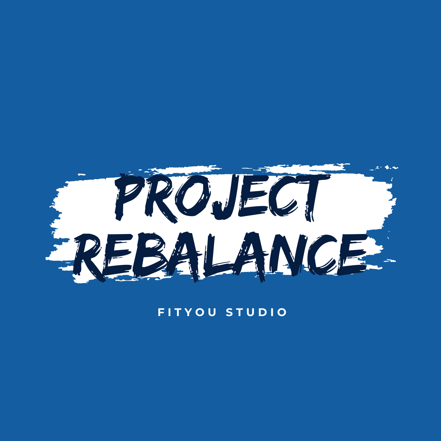 Logo with blue background and white paint streak with the text 'Project Rebalance' in big, dark blue letters, and 'Fityou Studio' in smaller white font below.