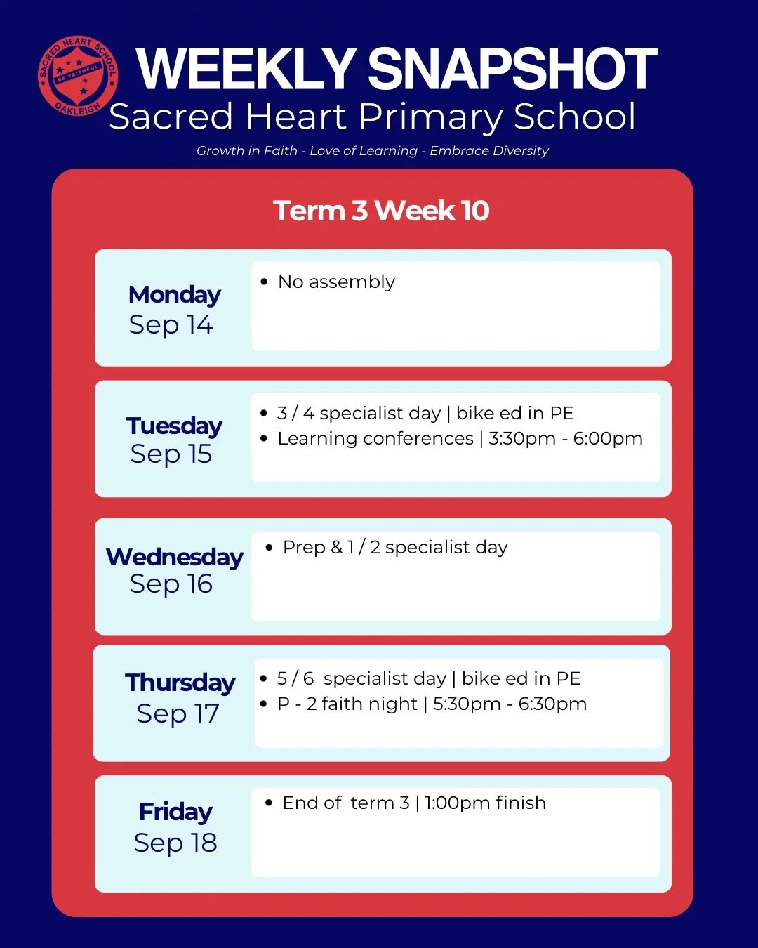 Weekly Snapshot 

Looking ahead to Week 10, our final week of Term 3!