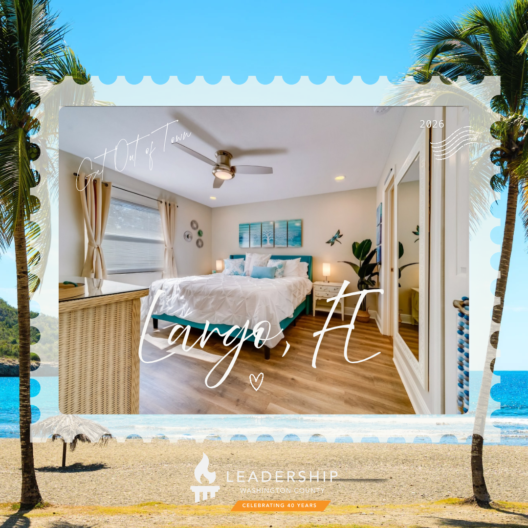 Living room with modern furniture, large TV, and patio door. Branding for Leadership Washington County with promotional text for Largo, FL, offering 1 for $20 or 2 for $35.