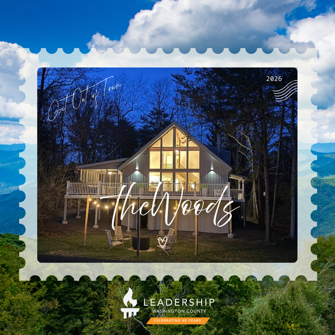 Green two-story house with large deck, surrounded by trees. Below is a promotional banner for Leadership Washington County, featuring an event titled 'Forest Bathing with Friends' with ticket prices: 1 for $20, 2 for $35.