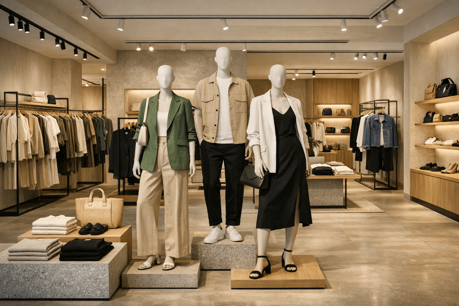 Visual merchandising trends 2026 shown through a modern unisex high-street fashion store interior with styled mannequins, curated product density, modular fixtures, and layered editorial lighting.