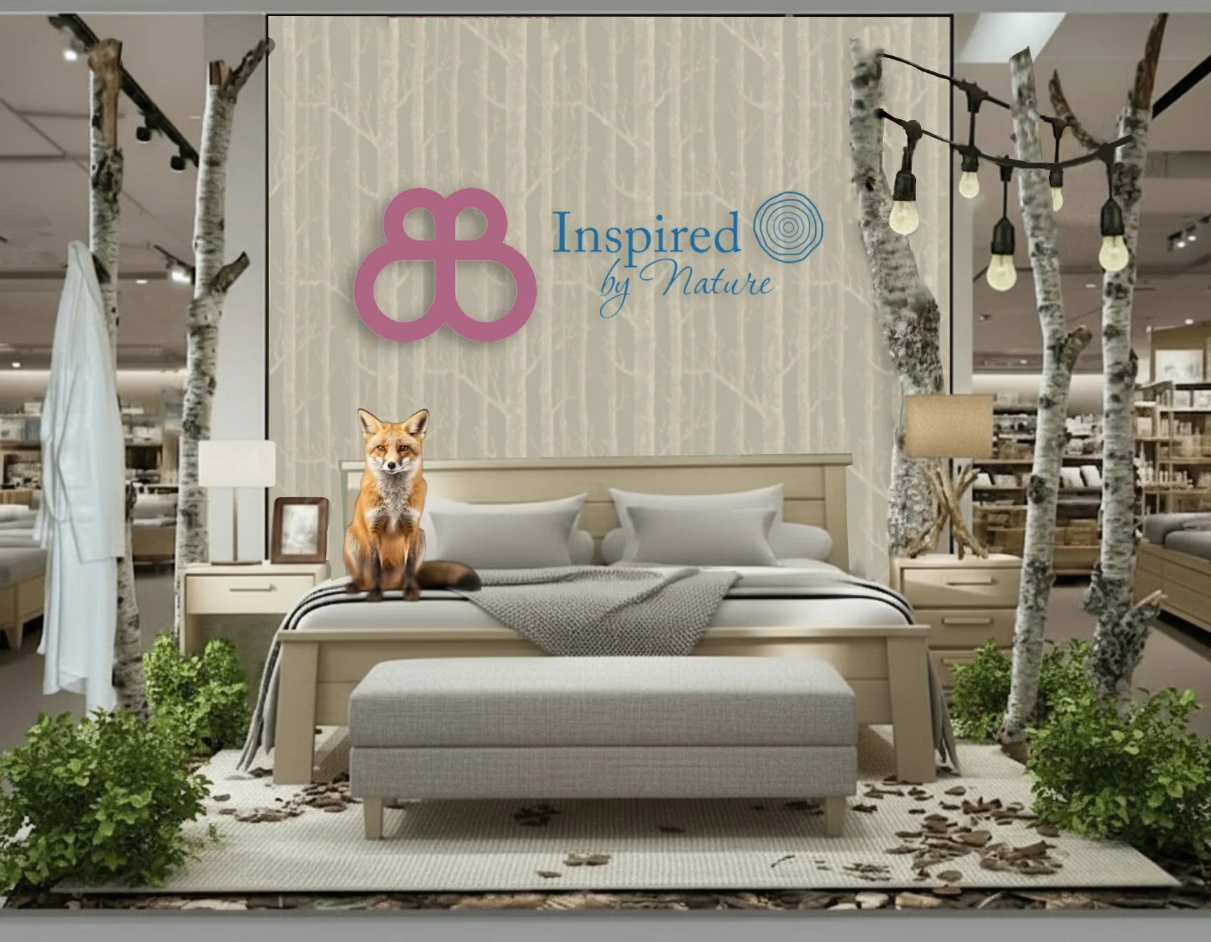Sydney visual merchandising display of forest-themed bedroom with birch trees, fox, greenery and Inspired by Nature logo.