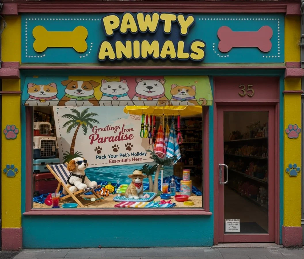 pet store window display Pawty Animals with beach holiday theme, dog mannequins, leashes and travel essentials.