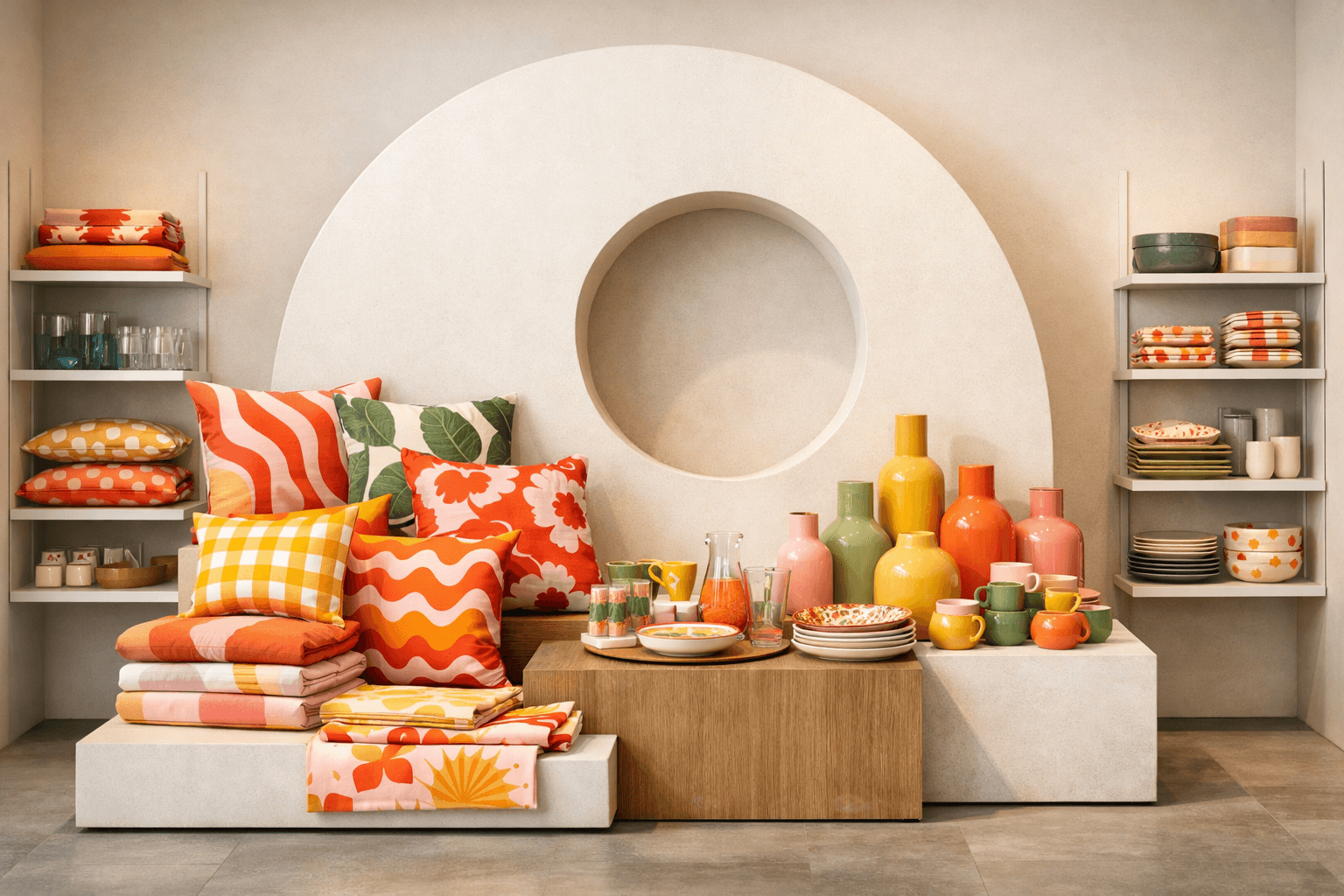 A contemporary high-street homewares display featuring colourful cushions, ceramic vases, tableware and patterned textiles arranged into coordinated collections around a sculptural backdrop.