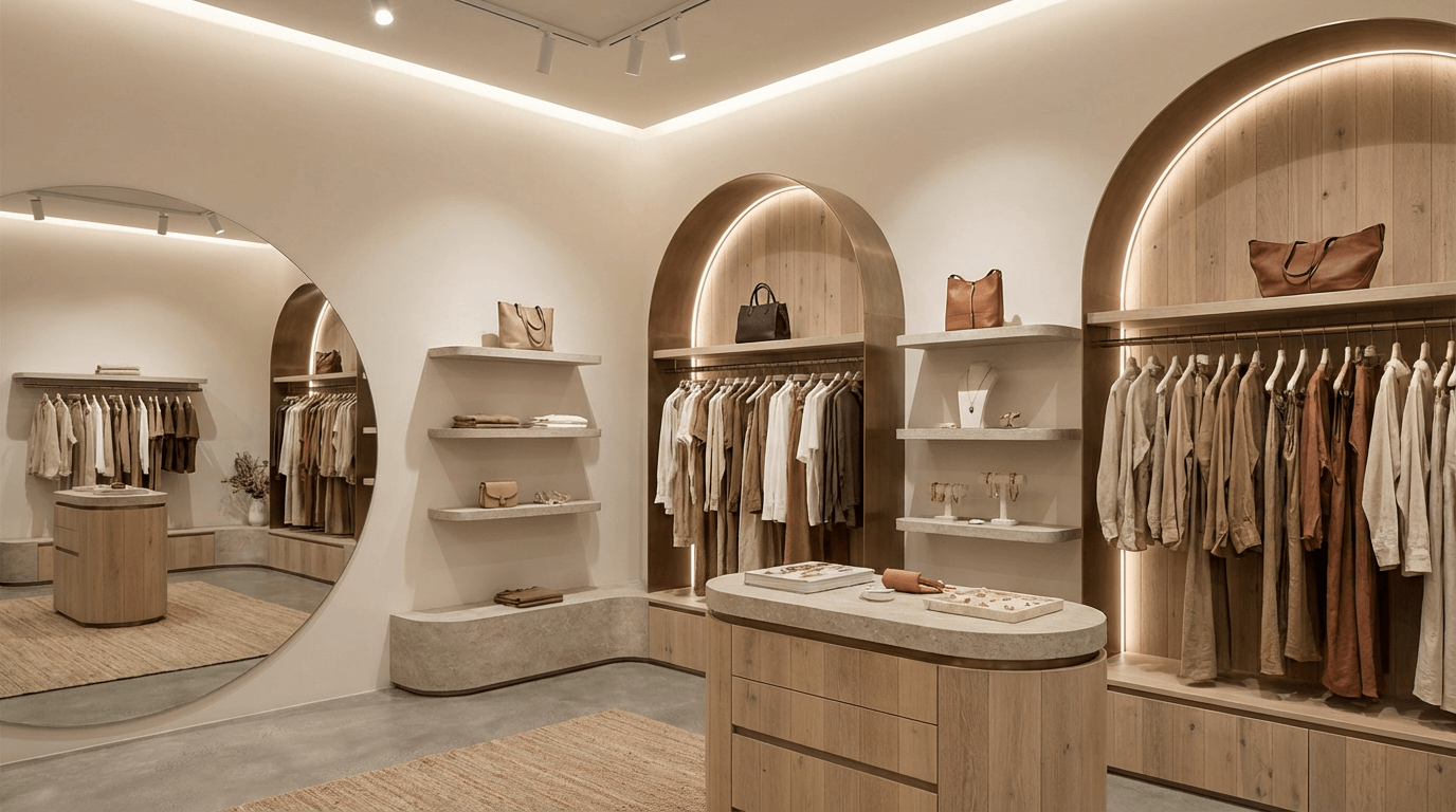 Refined high street ladies fashion boutique interior featuring sustainable retail fixtures made from recycled timber and brushed metal, warm neutral tones, layered lighting, and curated clothing and accessories displays.