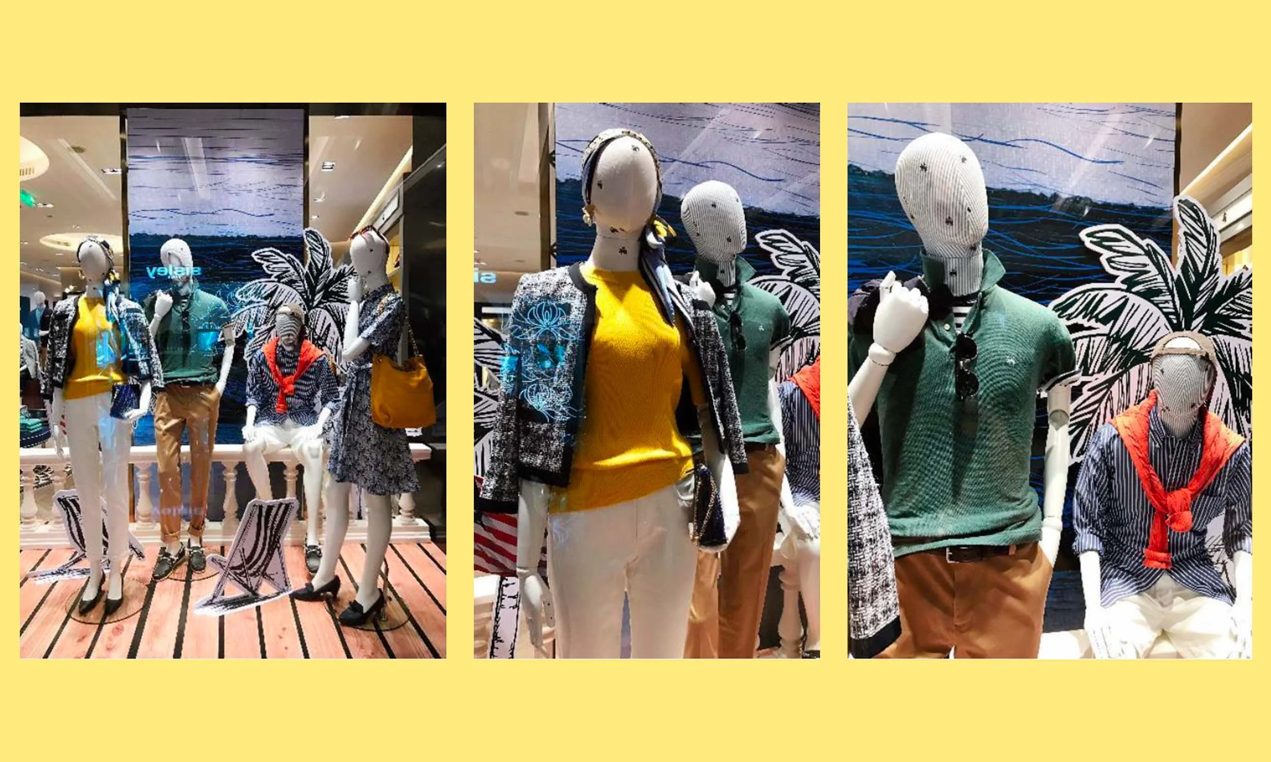 Summer window using illustrations to create a scene and mannequins in Brooks Brothers summer outfits