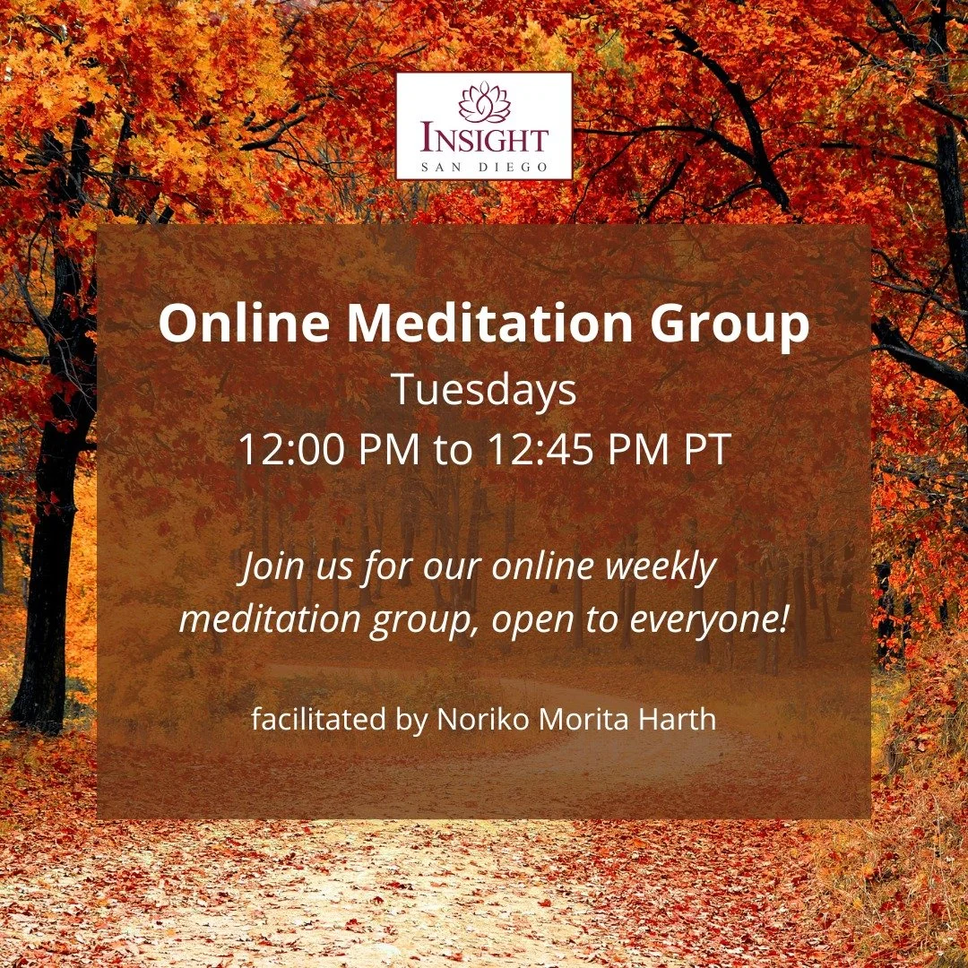 Join us for a weekly meditation group! Take a moment to reconnect with yourself and cultivate mindfulness and compassion in your daily life.

Visit Insight San Diego website for more information: https://www.insightsd.org/online-meditation-group

#in