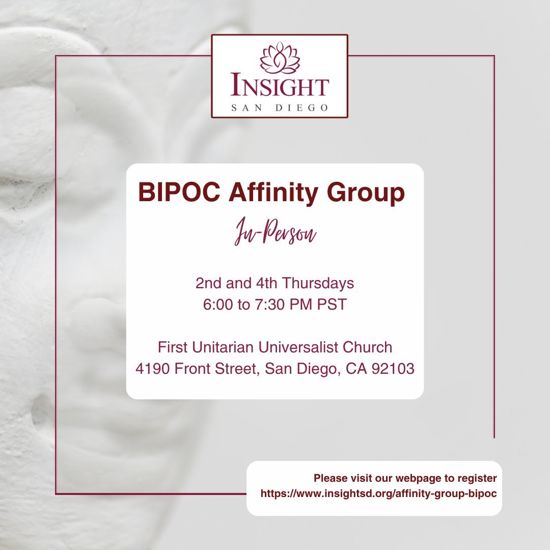 Join us Today, June 11, 2026 for our in-person BIPOC Affinity Group!

We will be exploring the Noble Eightfold Path using Gil Fronsdal&rsquo;s "Eightfold Path Program" as our guide. 

Date: Thursday, June 11, 2026 | 6:00&ndash;7:30 p.m.
Stu