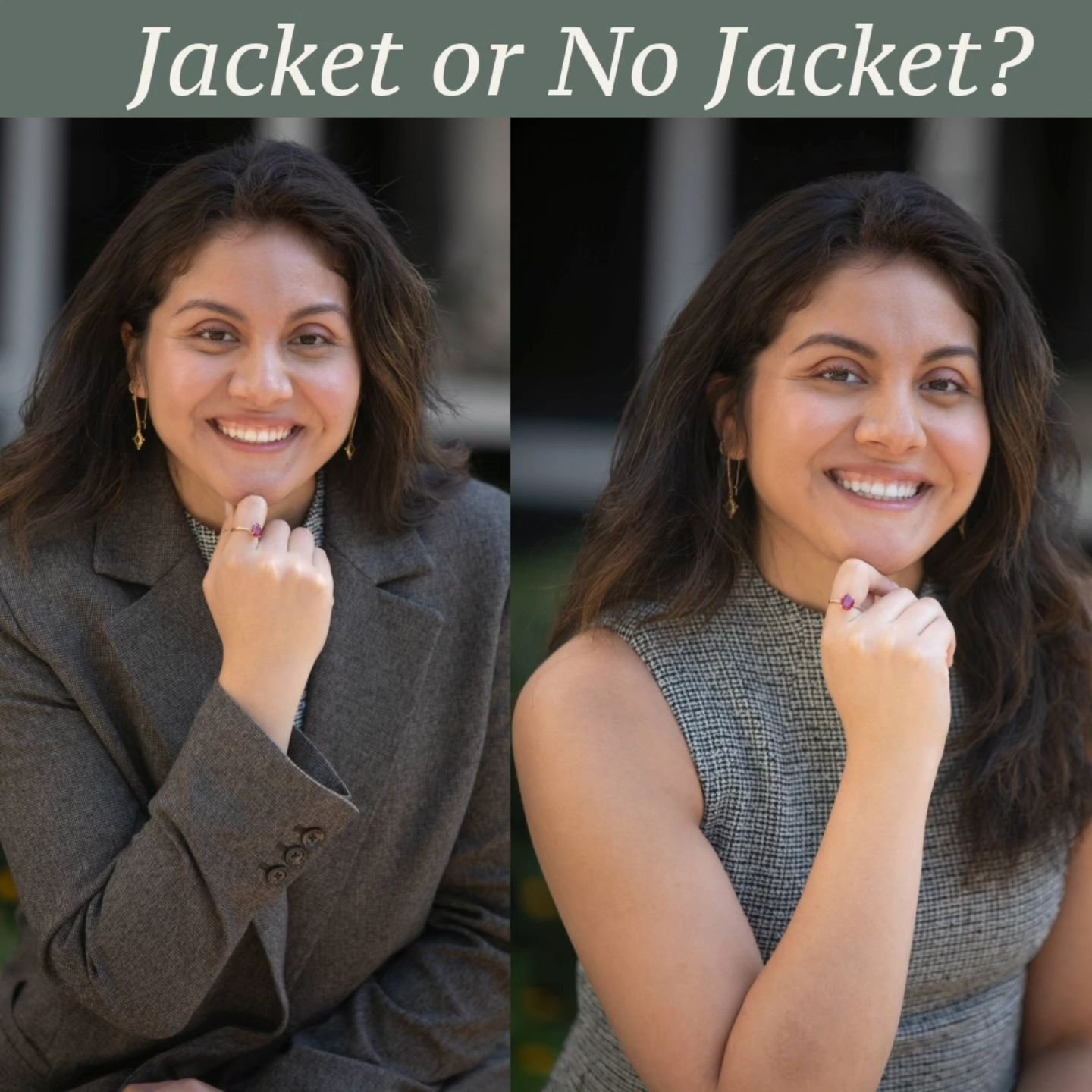@perez.elizabeth_ is beautiful. She could make a pillowcase look good in her headshot. 

When I let her select her final photos she was more in tune with the photos without a jacket. But I liked the jacket! What do you think?