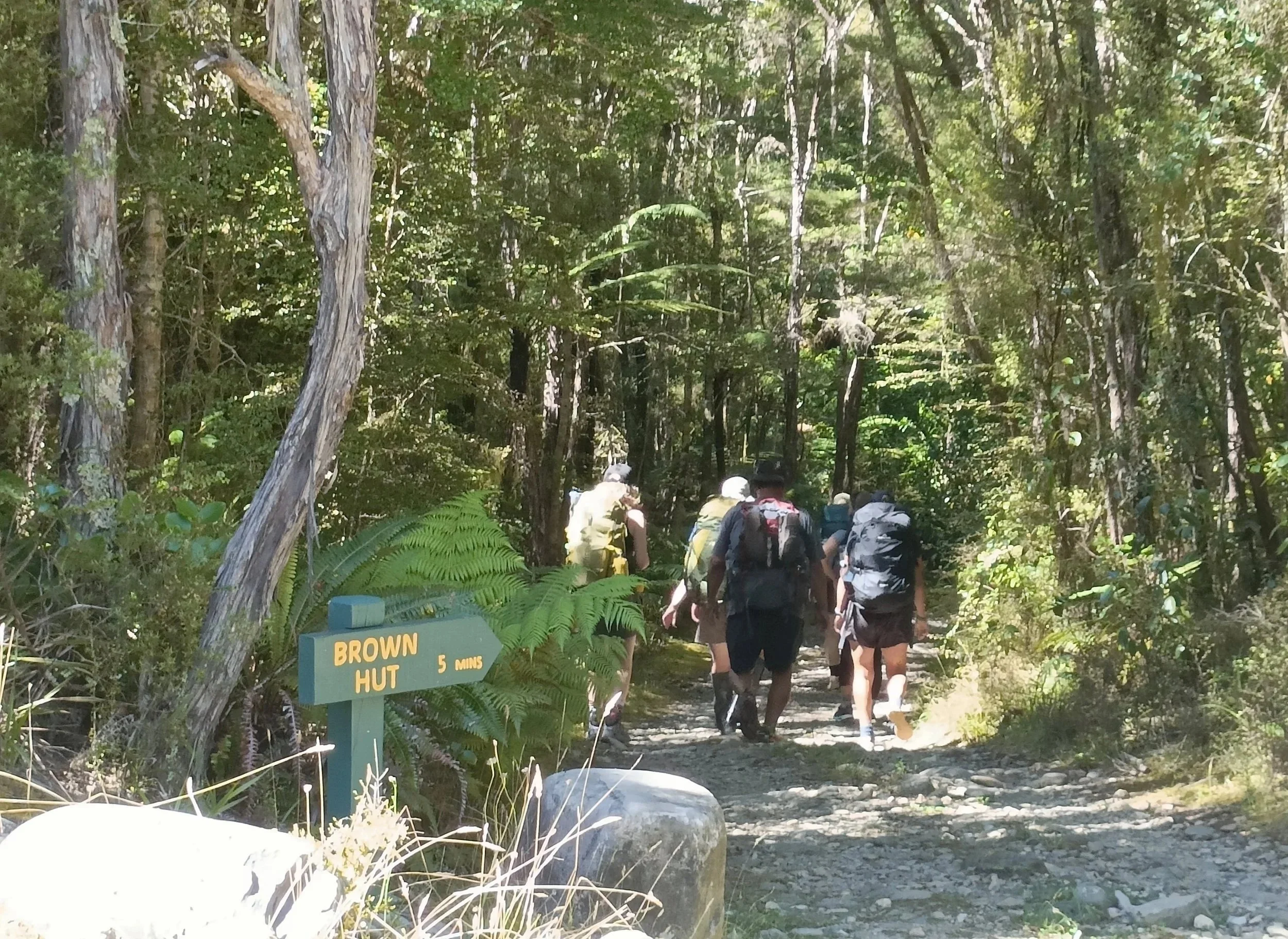 Hiking trail with a group of people walking on the Heaphy Track, surrounded by tall trees and green foliage. A sign indicates the trail leads to Brown Hut in 5 minutes.