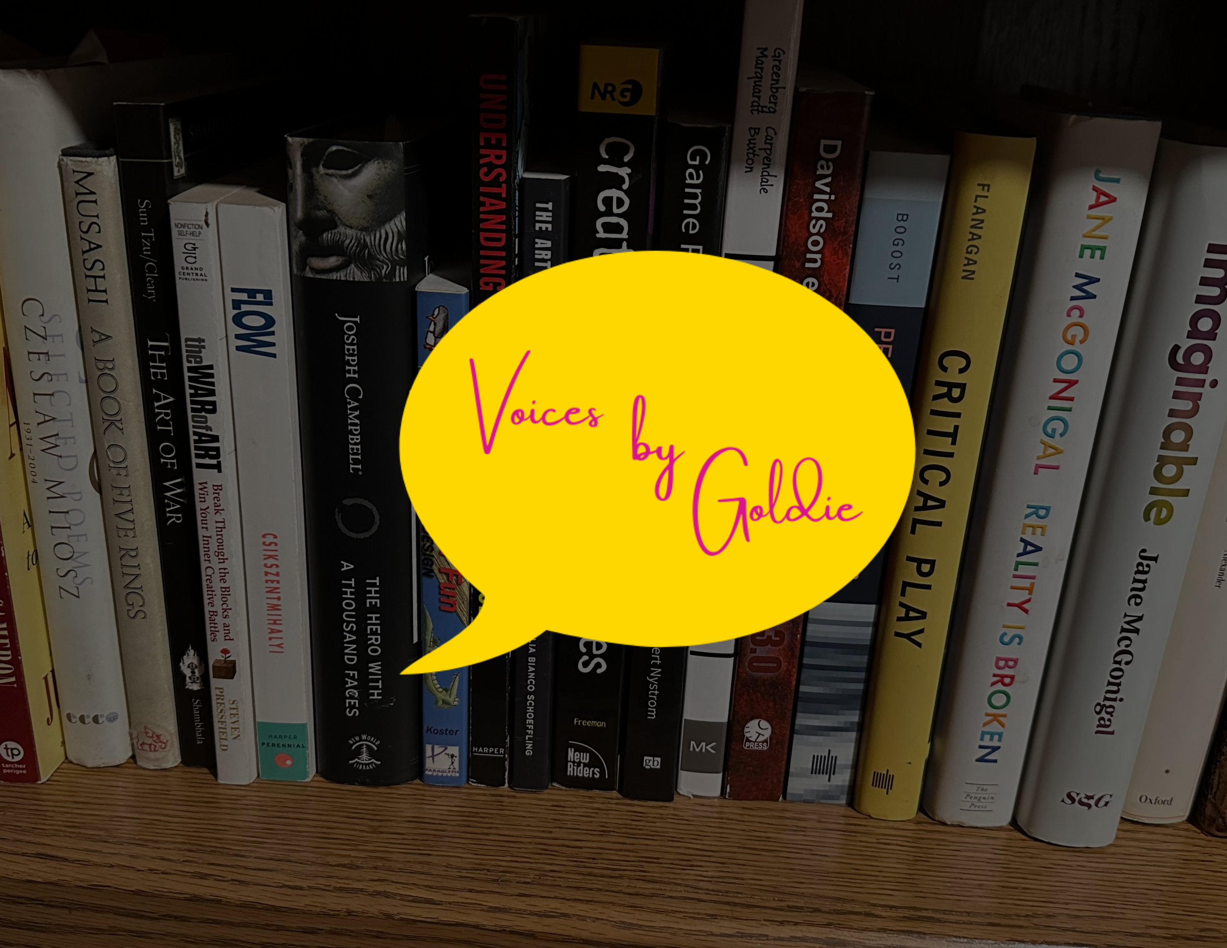 Voices By Goldie logo on Shelf of a variety of books