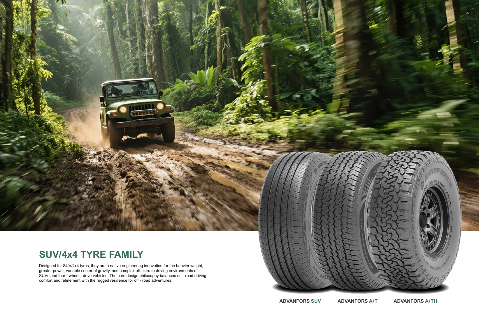 A green SUV driving on a muddy trail in a dense forest, with three different types of all-terrain tires displayed at the bottom and labeled as SUV, A/T, and T/TII.