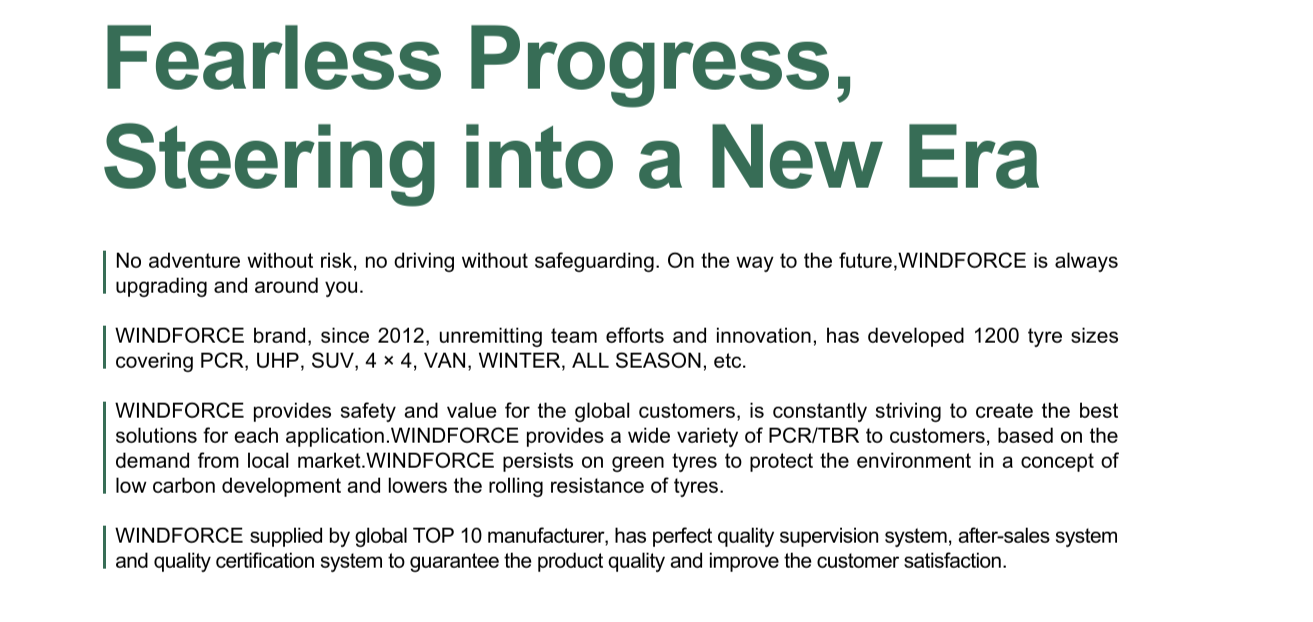 A promotional page with the headline 'Fearless Progress, Steering into a New Era' in large green font, and body text describing WINDFORCE tire brand's history, products, and commitment to safety and innovation.