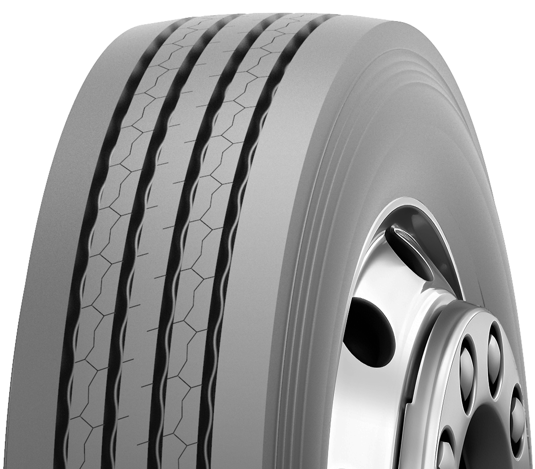 Close-up of a large truck tire with a detailed tread pattern and a metallic rim.