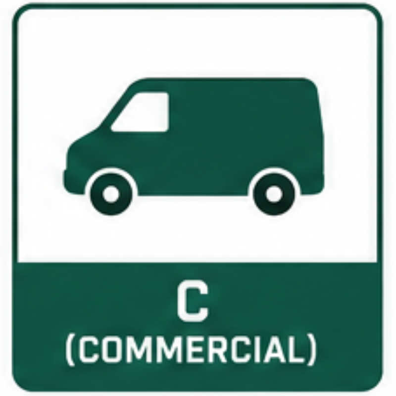 Green and white road sign indicating a class C commercial vehicle, such as a van.