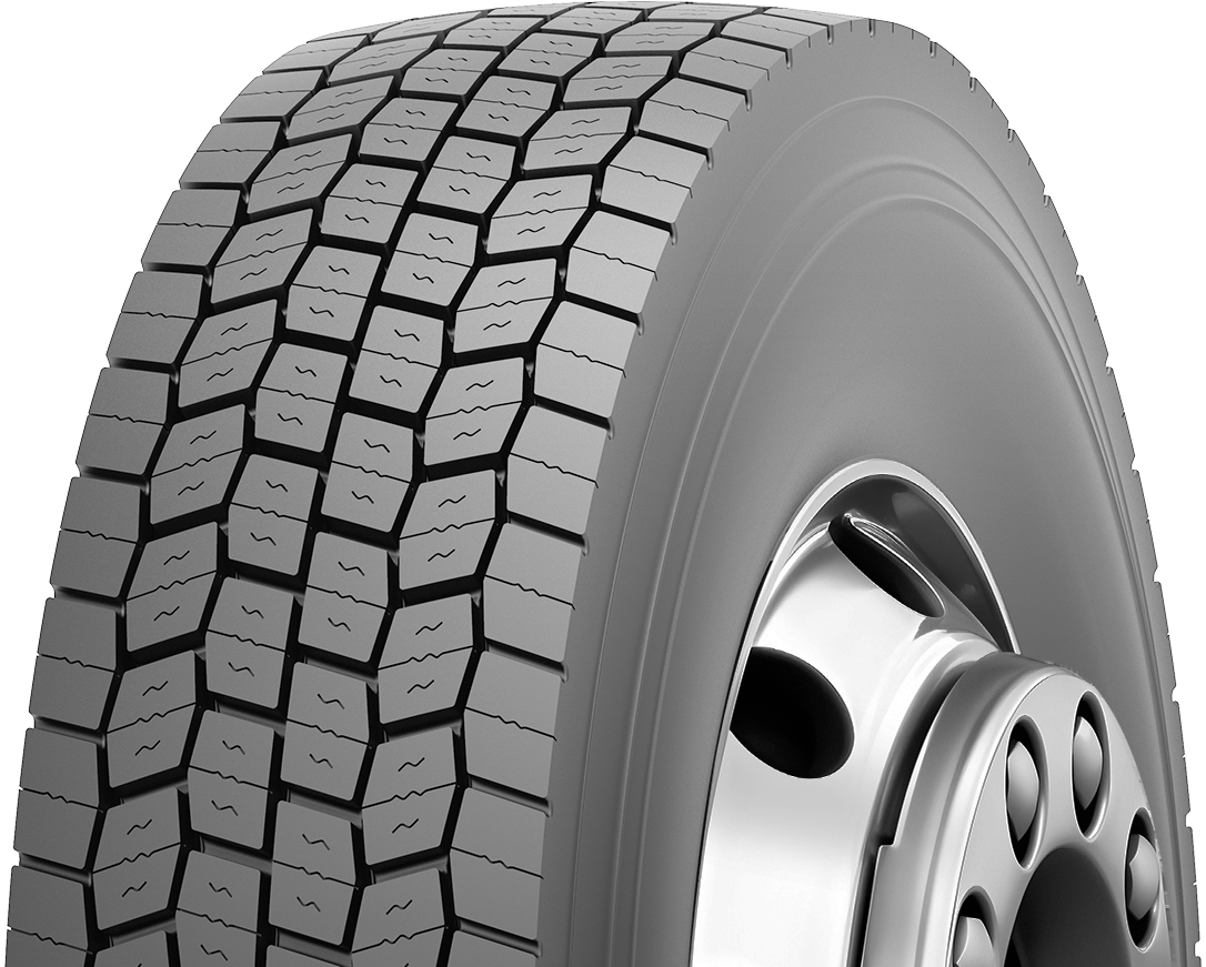 Close-up of a tire with detailed tread pattern mounted on a car rim.