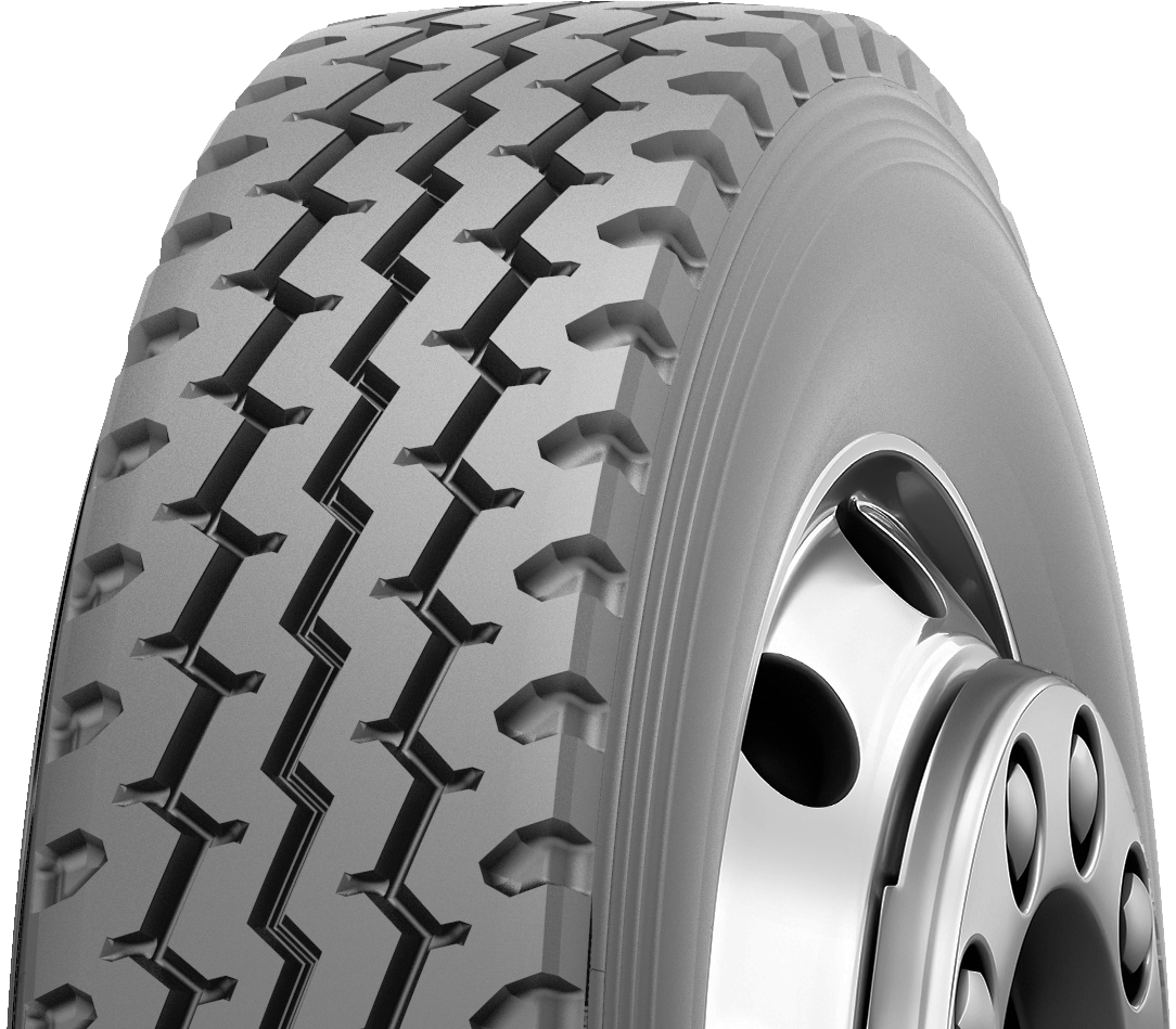 Close-up image of a car tire with detailed tread pattern and a metal rim.