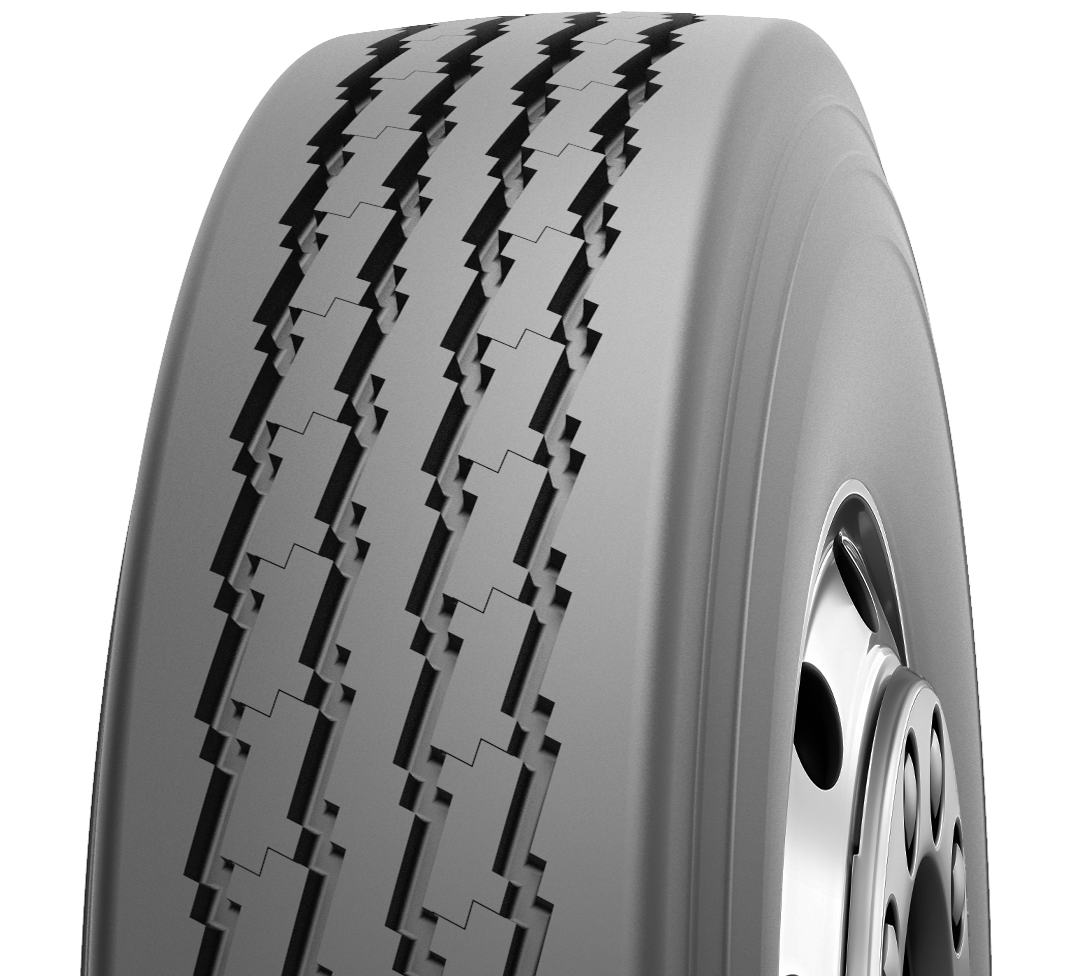 Close-up of a gray tire with a black tread pattern.